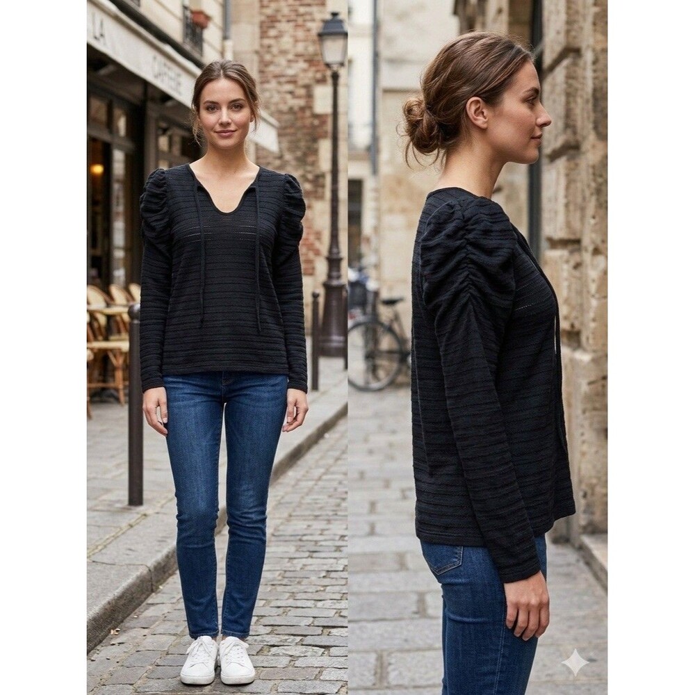 NWT* LOFT Black Striped Knit 100% Cotton Scoop Neck Ruched Sleeve Blouse Women S